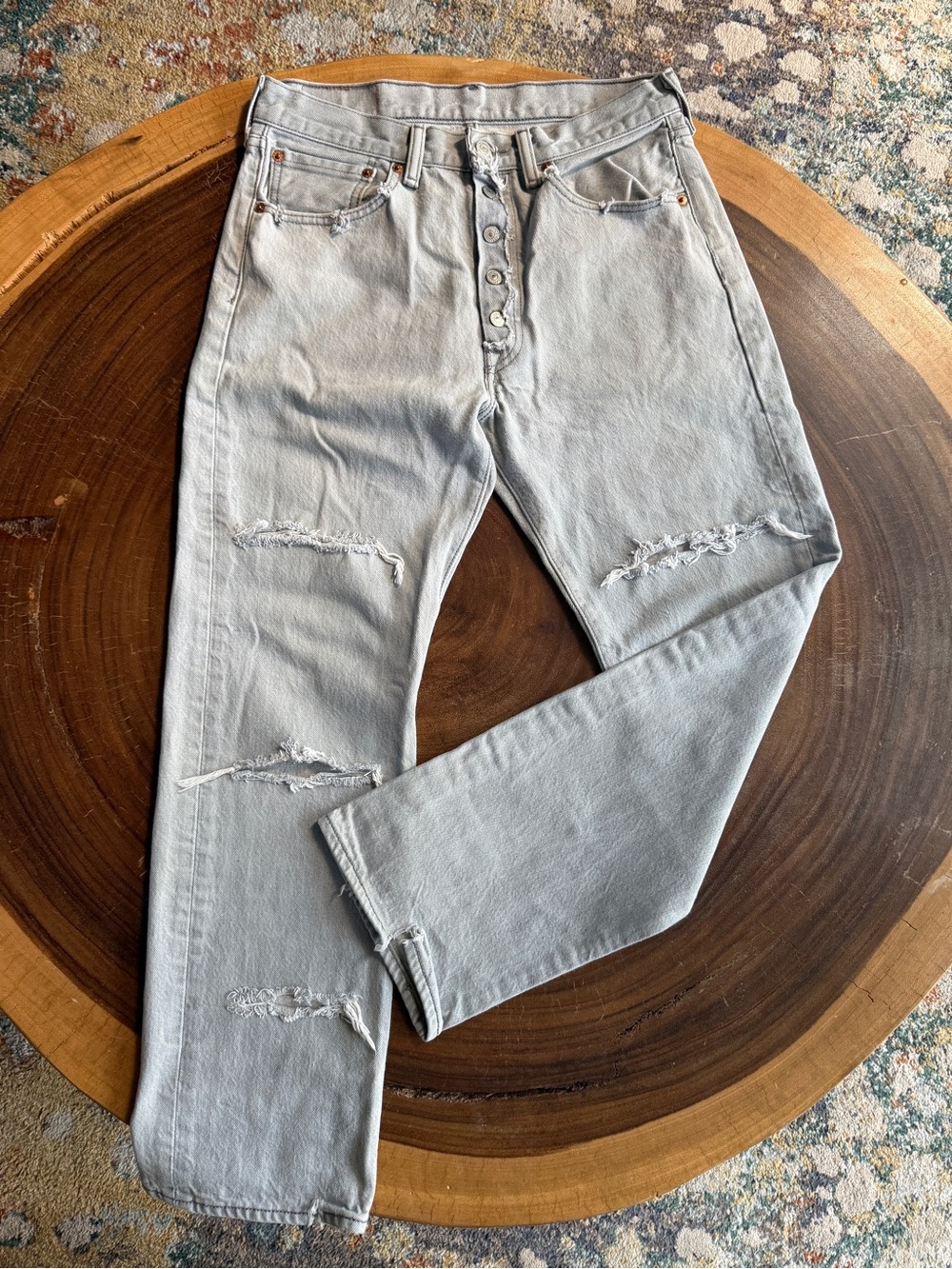 Levi's 501 Men's Gray Custom Distressed Button Fly Straight Denim Jeans